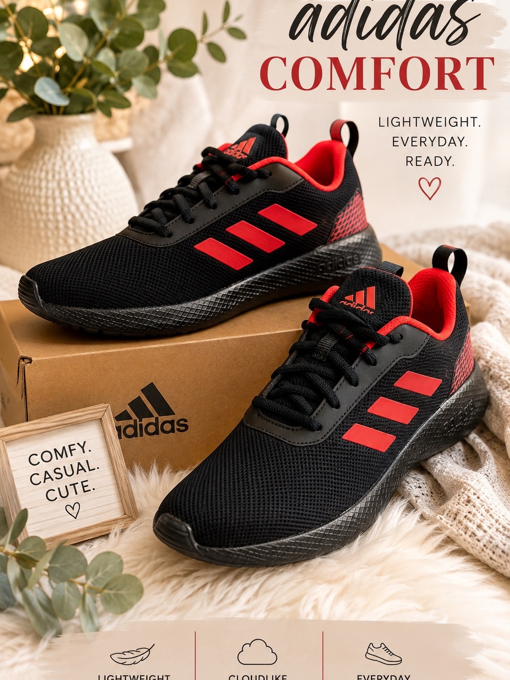 adidas Women’s Black and Red Lightweight Casual Sneakers